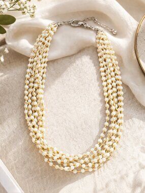 Elegant Mult-strand Layered Beaded & Gold Statement Necklace